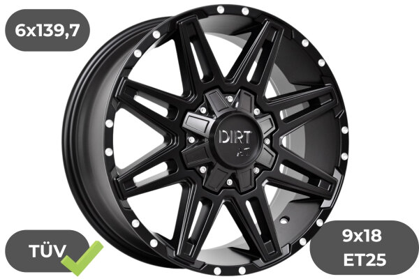 4x Felgen Dirt D88 matt schwarz & Nieten 9x18 ET25 für Fiat Fullback 6x139,7