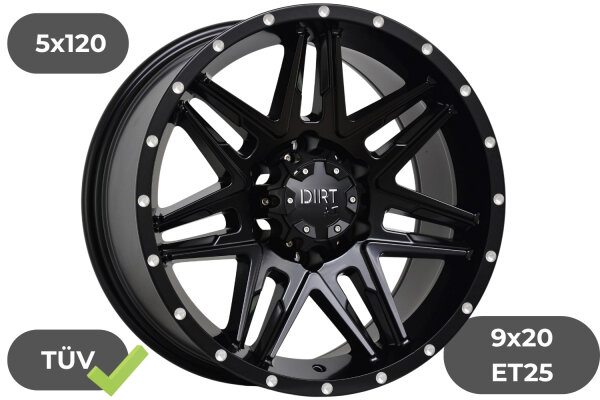Felgen Dirt D62 matt schwarz & Nieten 9x20 ET25 für VW Amarok 2H 5x120