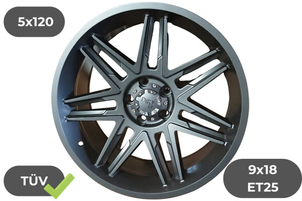 4x Felgen Dirt D62 matt gunmetal 9x18 ET25 für VW Amarok 2H 5x120